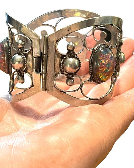 Vintage Large Mexico 925 TNC signed Sterling silver fire opal bangle bracelet