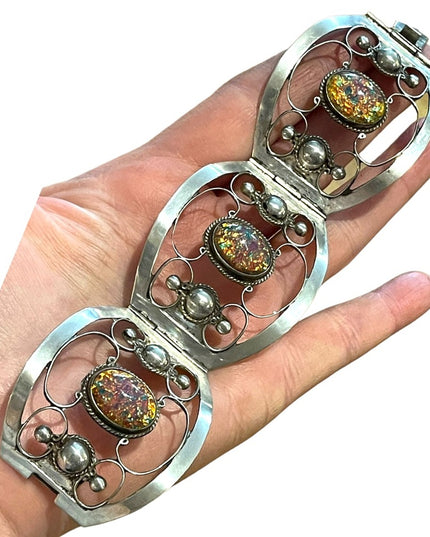 Vintage Large Mexico 925 TNC signed Sterling silver fire opal bangle bracelet