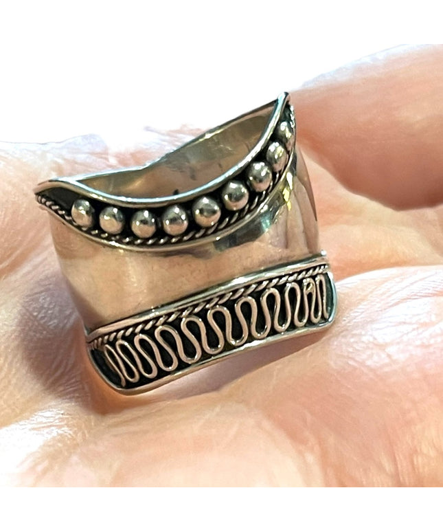 Vintage Sterling silver 925 Balinese Bali Cigar band ring etched handmade