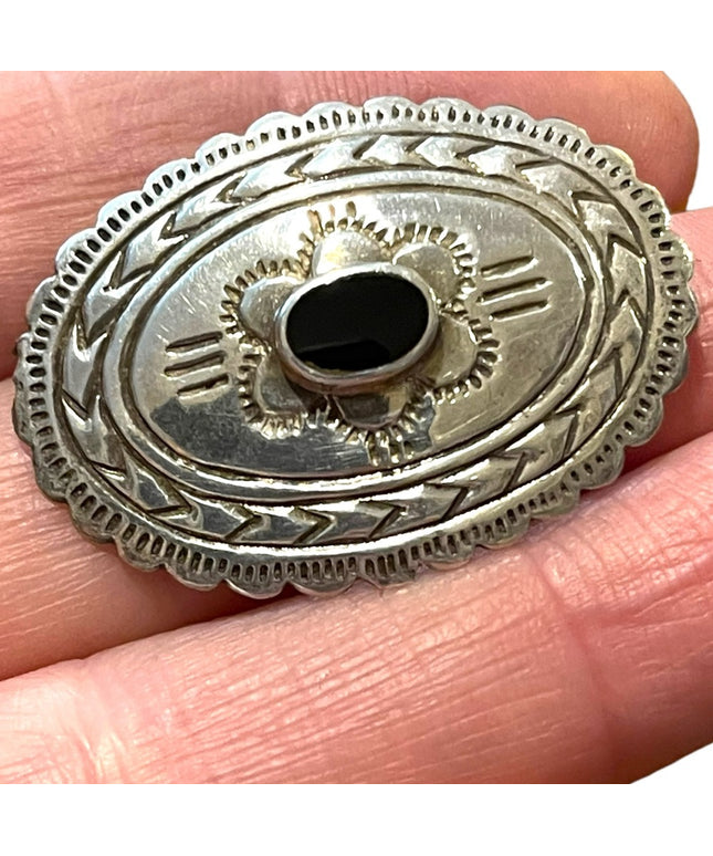 Vintage Navajo Etched handmade Black onyx brooch 925 Sterling silver