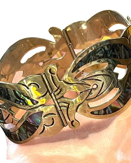 Vintage Silver Mexico EL Abalone large bangle bracelet latching links