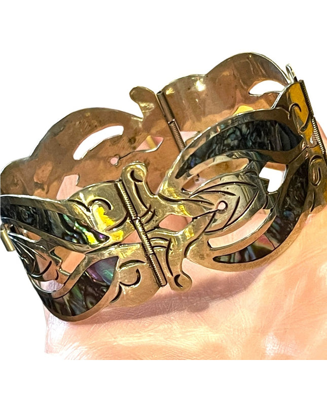 Vintage Silver Mexico EL Abalone large bangle bracelet latching links
