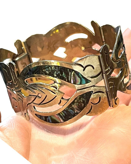 Vintage Silver Mexico EL Abalone large bangle bracelet latching links