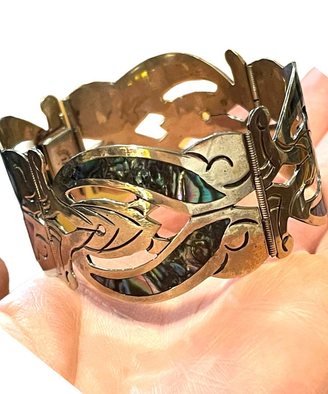 Vintage Silver Mexico EL Abalone large bangle bracelet latching links
