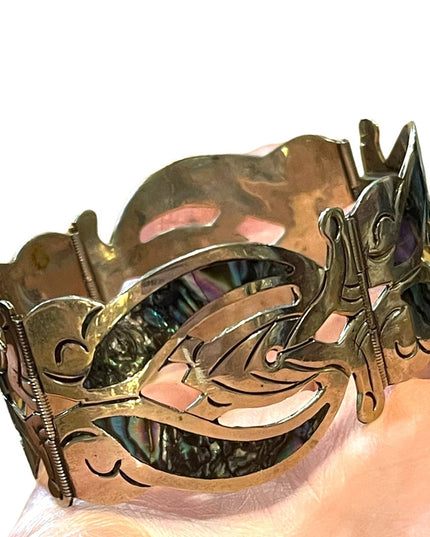 Vintage Silver Mexico EL Abalone large bangle bracelet latching links