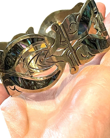Vintage Silver Mexico EL Abalone large bangle bracelet latching links