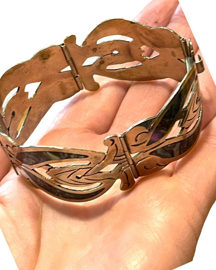 Vintage Silver Mexico EL Abalone large bangle bracelet latching links