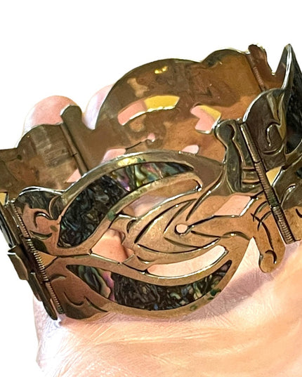 Vintage Silver Mexico EL Abalone large bangle bracelet latching links