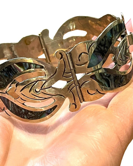 Vintage Silver Mexico EL Abalone large bangle bracelet latching links