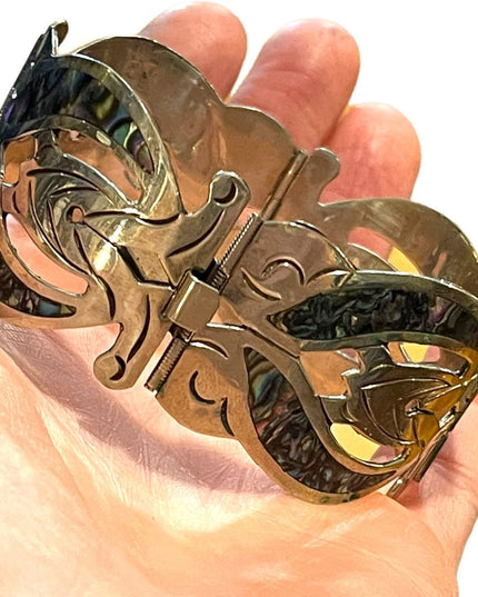 Vintage Silver Mexico EL Abalone large bangle bracelet latching links