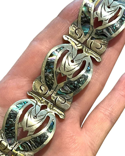 Vintage Silver Mexico EL Abalone large bangle bracelet latching links