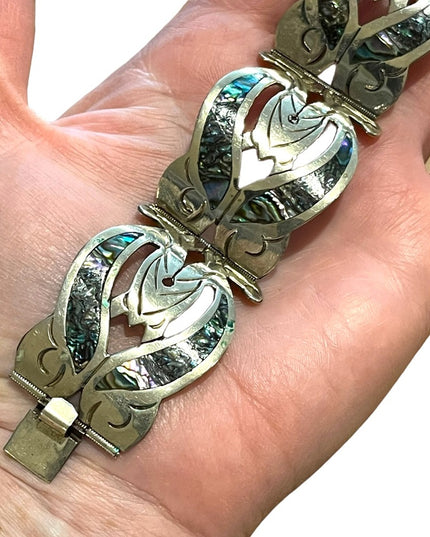 Vintage Silver Mexico EL Abalone large bangle bracelet latching links