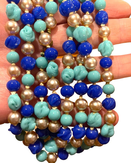 Antique Handmade CZECH Glass blue fancy bead & pearl necklace 48” LoNG
