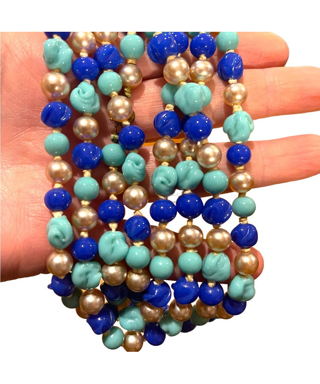 Antique Handmade CZECH Glass blue fancy bead & pearl necklace 48” LoNG