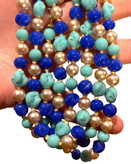 Antique Handmade CZECH Glass blue fancy bead & pearl necklace 48” LoNG