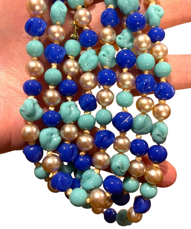Antique Handmade CZECH Glass blue fancy bead & pearl necklace 48” LoNG