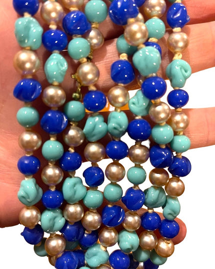 Antique Handmade CZECH Glass blue fancy bead & pearl necklace 48” LoNG