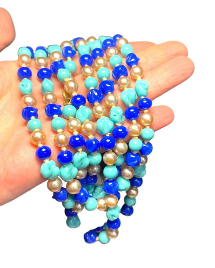 Antique Handmade CZECH Glass blue fancy bead & pearl necklace 48” LoNG