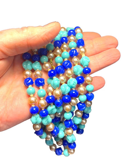 Antique Handmade CZECH Glass blue fancy bead & pearl necklace 48” LoNG