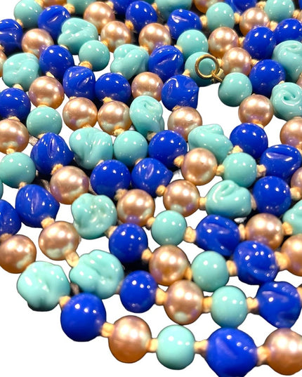 Antique Handmade CZECH Glass blue fancy bead & pearl necklace 48” LoNG