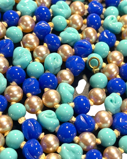 Antique Handmade CZECH Glass blue fancy bead & pearl necklace 48” LoNG