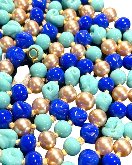 Antique Handmade CZECH Glass blue fancy bead & pearl necklace 48” LoNG