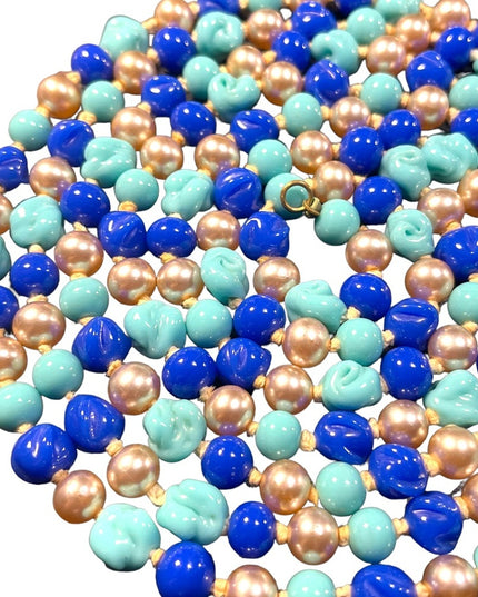 Antique Handmade CZECH Glass blue fancy bead & pearl necklace 48” LoNG