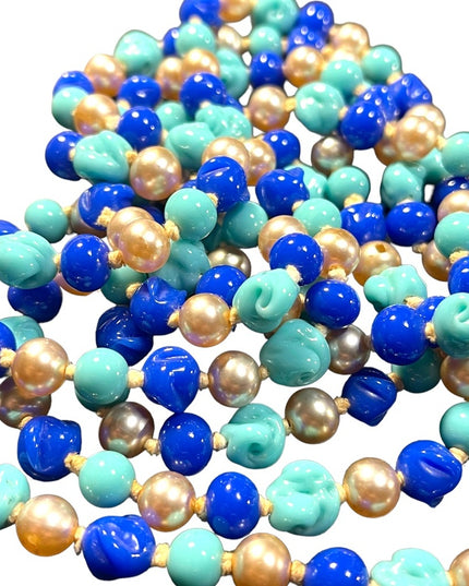 Antique Handmade CZECH Glass blue fancy bead & pearl necklace 48” LoNG