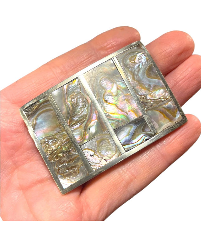 Vintage 1960s Mexico Abalone shell Alpaca silver belt buckle