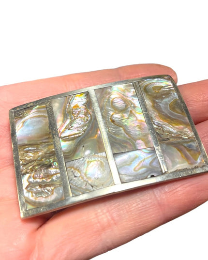 Vintage 1960s Mexico Abalone shell Alpaca silver belt buckle