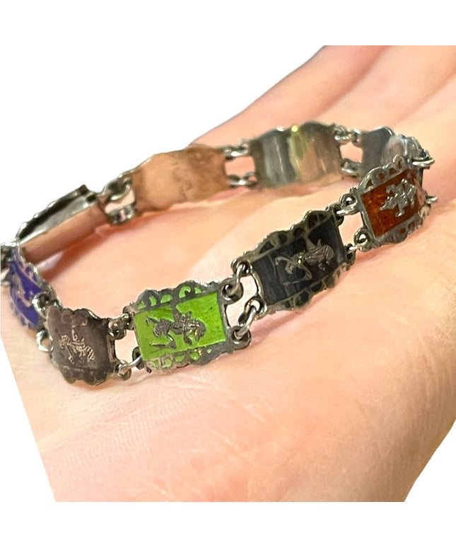 Vintage Multi color Enameled Siam Sterling Link bracelet goddess Thai silver