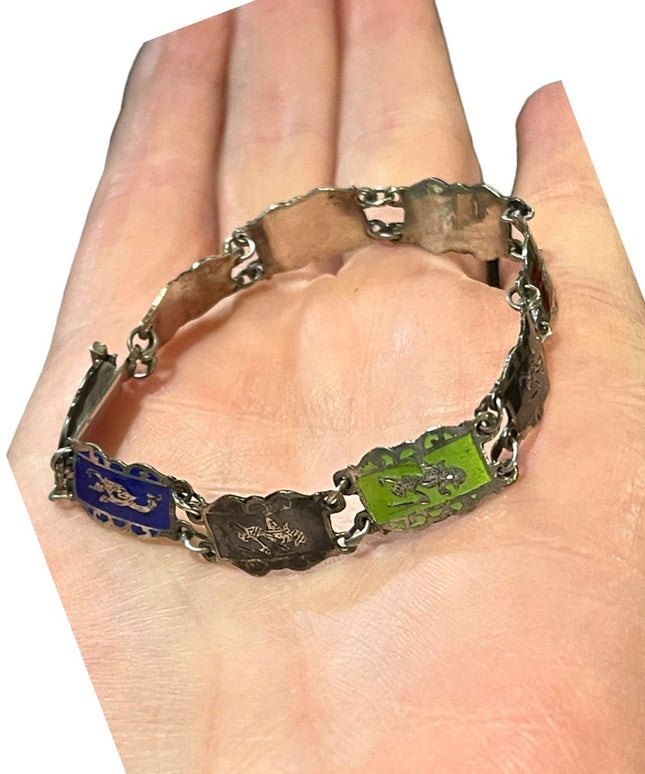 Vintage Multi color Enameled Siam Sterling Link bracelet goddess Thai silver