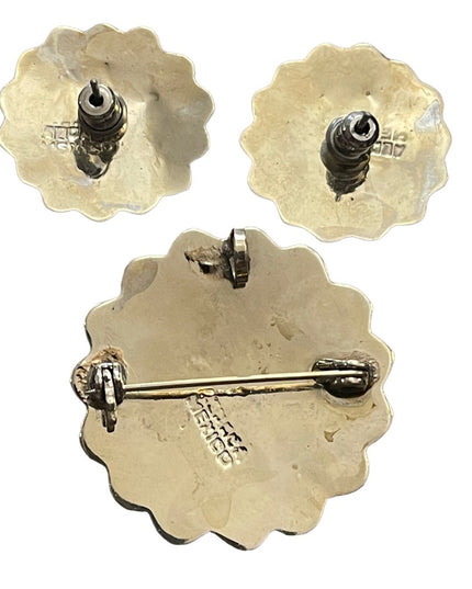 Vintage Alpaca Mexico Ablaone shell silver Earrings Brooch/pendant SET