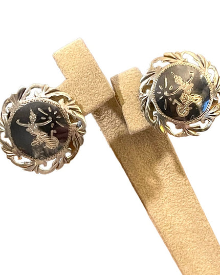 Vintage 1940s Siam Sterling Thai Niello Goddess etched enameld earrings screw