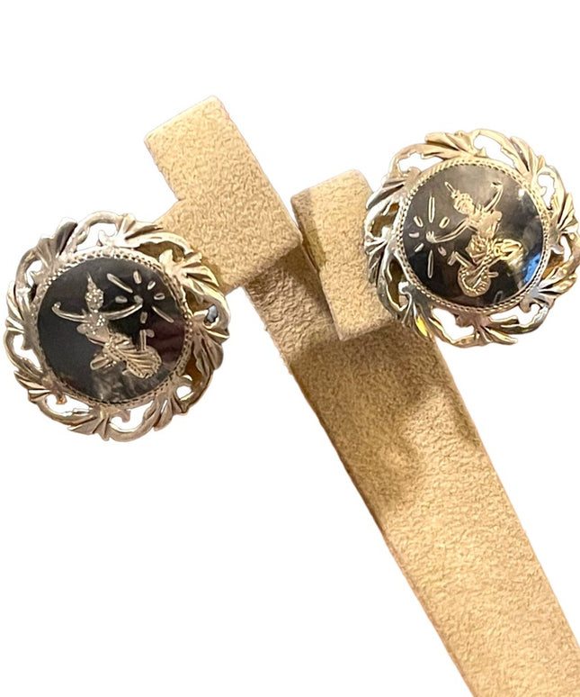 Vintage 1940s Siam Sterling Thai Niello Goddess etched enameld earrings screw