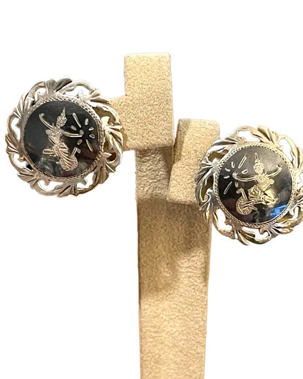 Vintage 1940s Siam Sterling Thai Niello Goddess etched enameld earrings screw
