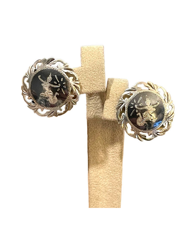 Vintage 1940s Siam Sterling Thai Niello Goddess etched enameld earrings screw