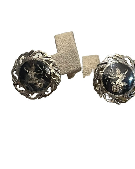 Vintage 1940s Siam Sterling Thai Niello Goddess etched enameld earrings screw
