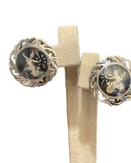 Vintage 1940s Siam Sterling Thai Niello Goddess etched enameld earrings screw