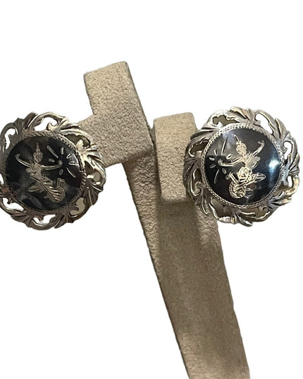 Vintage 1940s Siam Sterling Thai Niello Goddess etched enameld earrings screw
