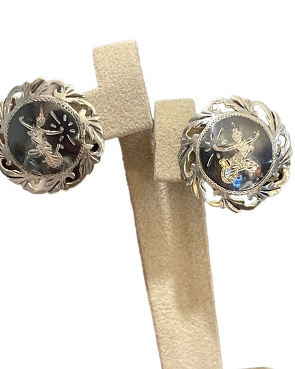 Vintage 1940s Siam Sterling Thai Niello Goddess etched enameld earrings screw
