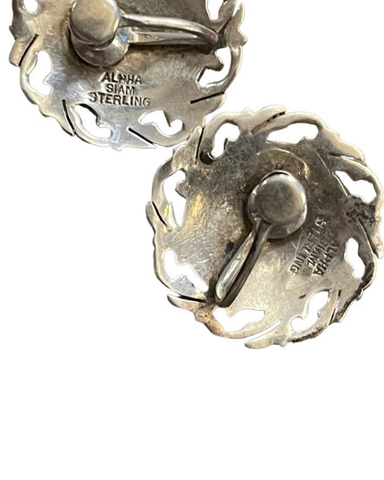 Vintage 1940s Siam Sterling Thai Niello Goddess etched enameld earrings screw