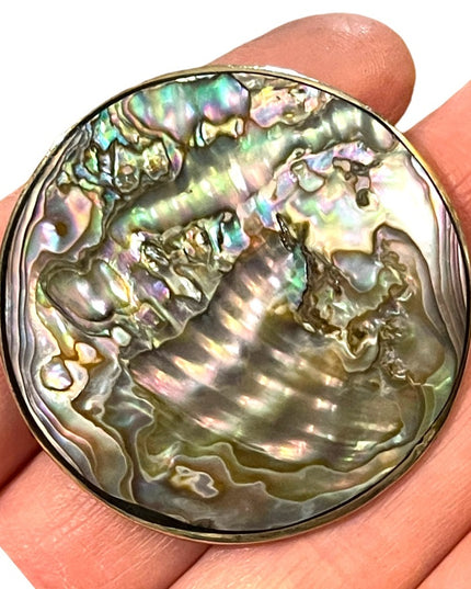 Vintage Large 2”  Alpaca Abalone shell Mexico Handmade Pendant brooch silver