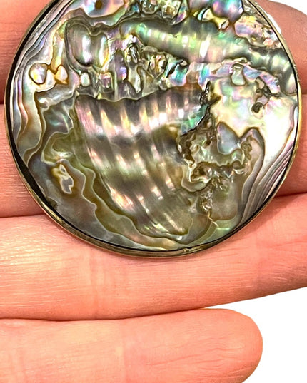 Vintage Large 2”  Alpaca Abalone shell Mexico Handmade Pendant brooch silver