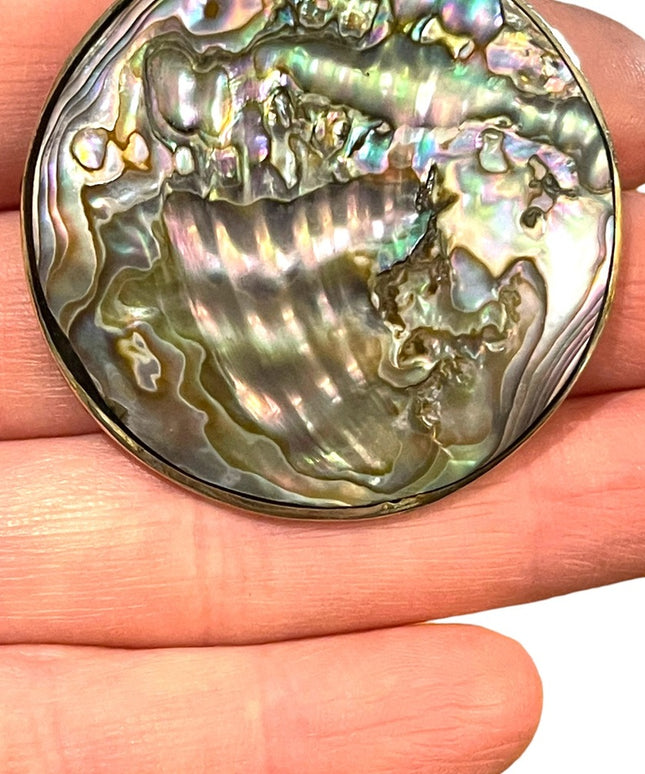 Vintage Large 2”  Alpaca Abalone shell Mexico Handmade Pendant brooch silver