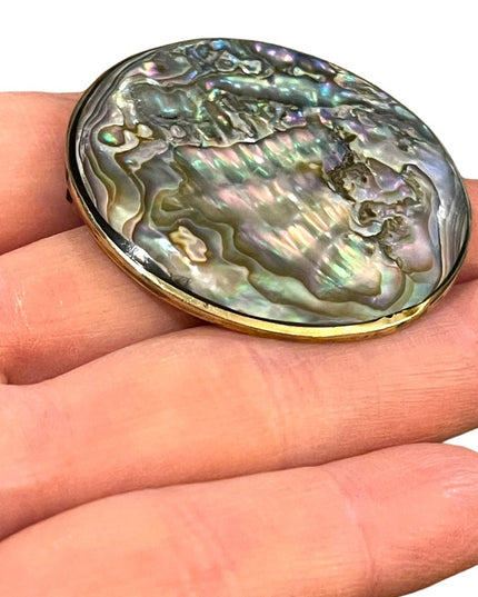 Vintage Large 2”  Alpaca Abalone shell Mexico Handmade Pendant brooch silver