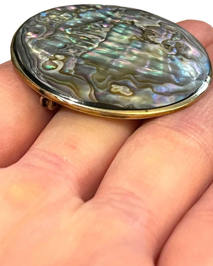 Vintage Large 2”  Alpaca Abalone shell Mexico Handmade Pendant brooch silver