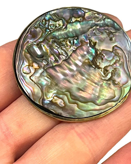 Vintage Large 2”  Alpaca Abalone shell Mexico Handmade Pendant brooch silver