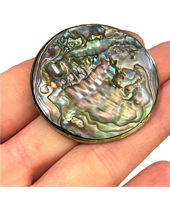 Vintage Large 2”  Alpaca Abalone shell Mexico Handmade Pendant brooch silver