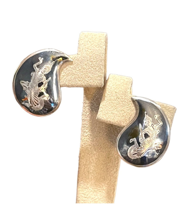 Vintage Siam Sterling 925 Niello Thai black enameled earrings clip on